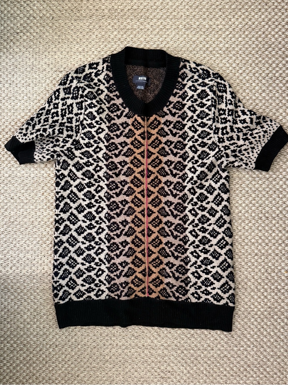 Anthropologie Maeve Black & Cream Patterned Short-Sleeve Sweater